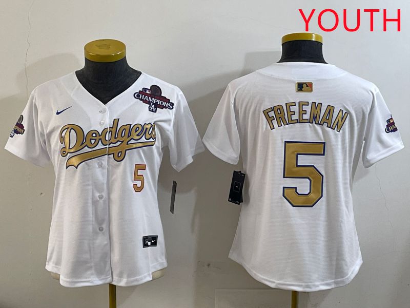 Youth Los Angeles Dodgers #5 Freeman White Champion gold character 2025 Nike MLB Jersey style 2